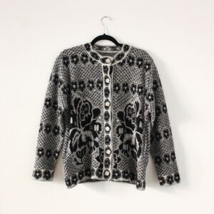 Vintage 1980s Rose and Polka Dot Print Cardigan / Black, White, & Charcoal Gray